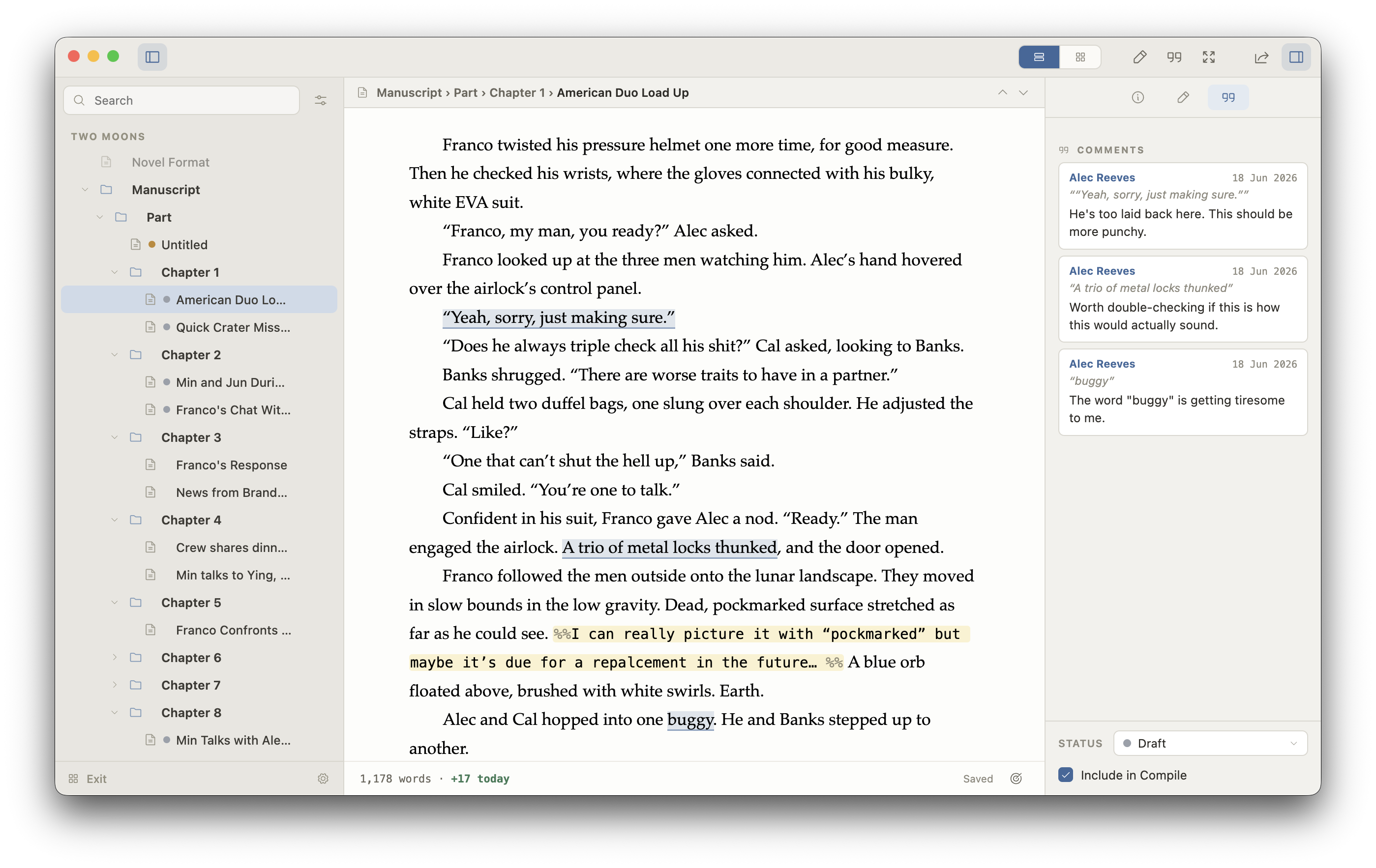 Meridian app showing a manuscript, project binder, and comments panel